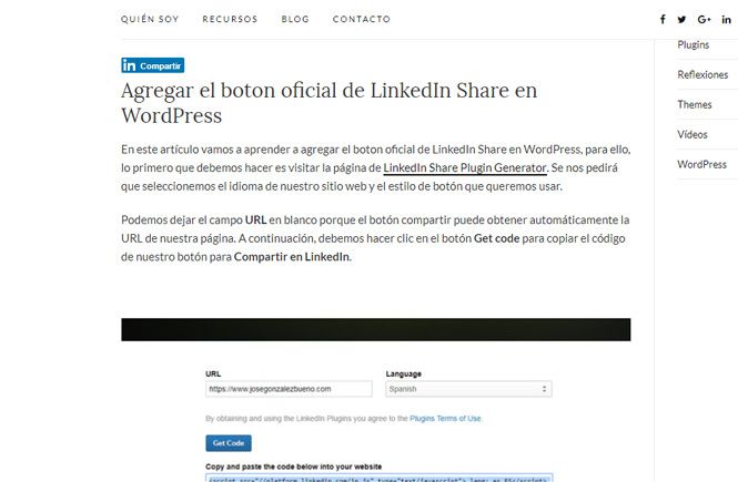 boton oficial de LinkedIn Share en WordPress