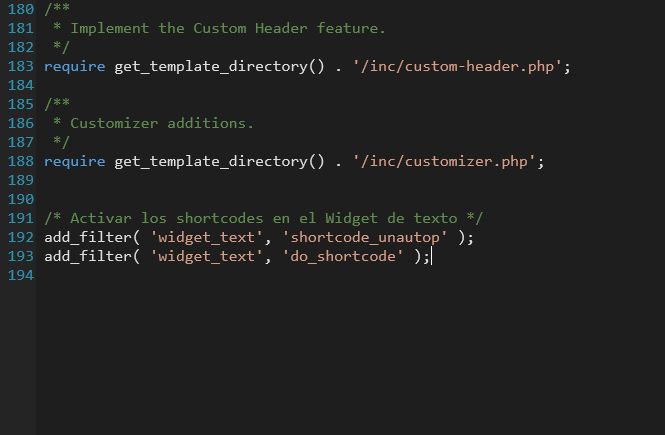 Pegar el código en el archivo functions.php para que el shortcode esté disponible solo en tu Tema activo