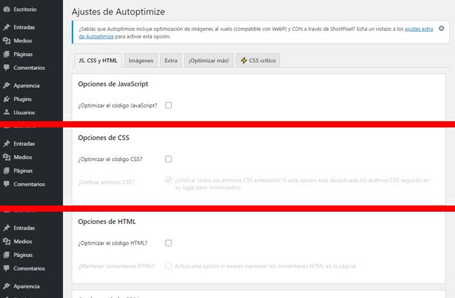 Comprimir el CSS y los scripts: activar las opciones necesarias en Autoptimize