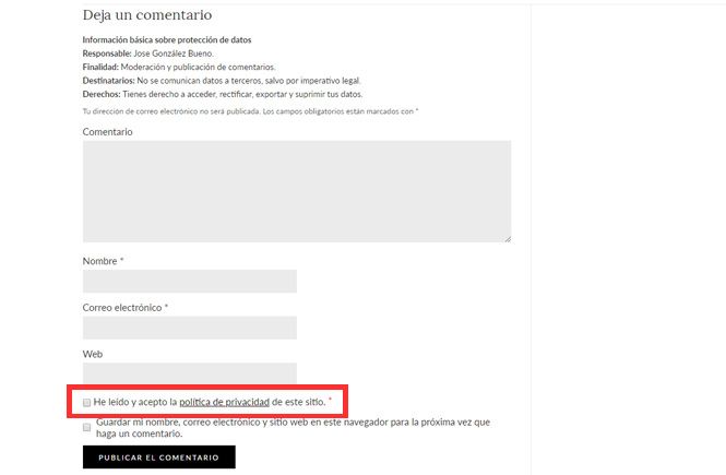 Vista final de la casilla para aceptar la Política de privacidad en los comentarios