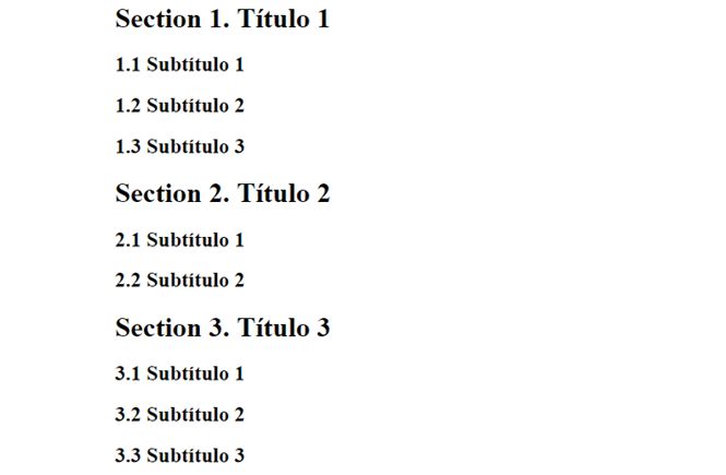 Resultado de numerar secciones y subsecciones con CSS